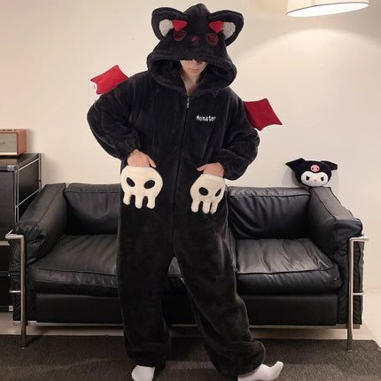 Cartoon Devil Pajamas Couples Women Men Onesie Sleepwear Winter Thicken Hooded Loungewear Coral Fleece Homewear Pijama Disfraz