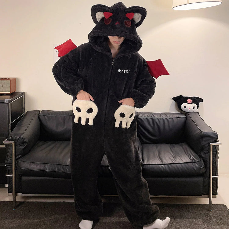 Cartoon Devil Pajamas Couples Women Men Onesie Sleepwear Winter Thicken Hooded Loungewear Coral Fleece Homewear Pijama Disfraz