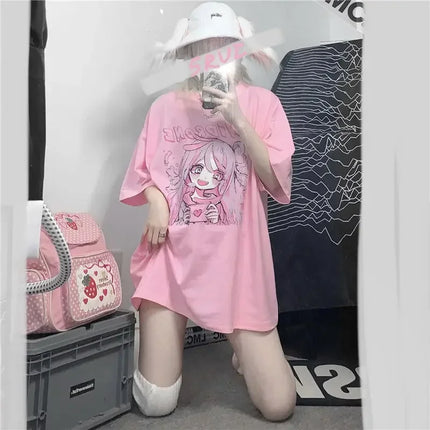 Printemps été Nouvelle version coréenne Harajuku Rose Mignon Anime Cartoon Fille T-shirt à manches courtes ample étudiant haut