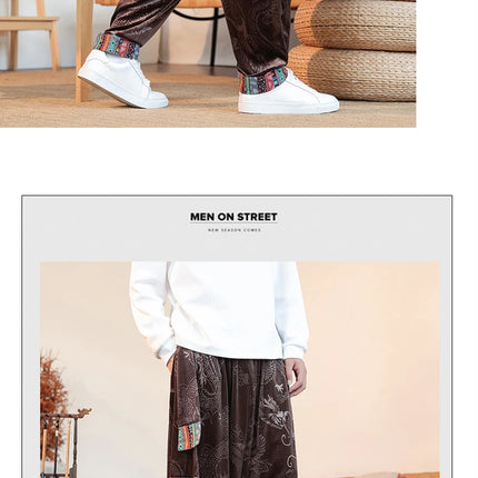 Pantaloni da uomo Kung Fu Tai Chi Pantaloni casual tradizionali da uomo stile cinese retrò allentato fiore scuro drago stampa pantaloni a gamba larga da uomo