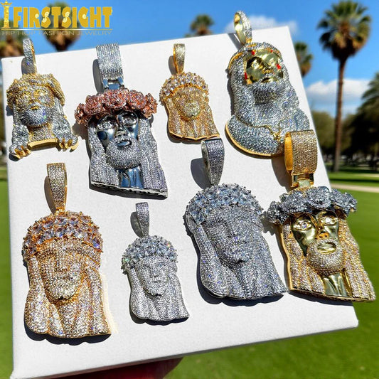 Collana con ciondolo testa di Gesù con fiore rosa ghiacciato Colore bicolore CZ Zircone Fede Fascino Uomo Donna Gioielli Hip Hop Fashion Rock