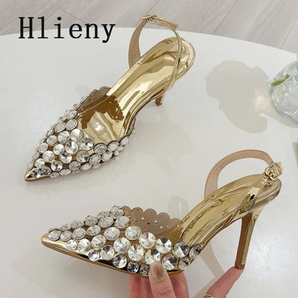 Hlieny Hollow Out Patent Leather Women Pumps Fashion Crystal Diamonds Pointed Toe Gold Silver High Heels Shoes Stiletto Sandals PlatiNum