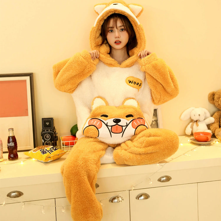 Cute Pajamas Set 2 Pieces Women Sleepwear Warm Winter Thick Coral Fleece Hooded Cartoon Girls Homewear Animal Pajamas Nighties