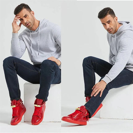 Men Red Crocodile Pattern High Top Sneakers Glossy Patent Leather Metal Buckle Lace-up Casual Shoes Streetwear Male Footwear