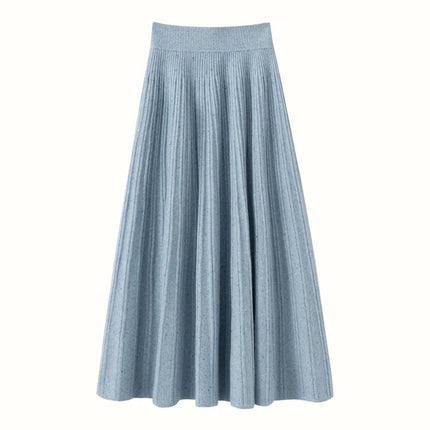 Chic Women's Cashmere Pleated A-line Skirt Autumn Winter 100% Cashmere Knitted Colorful Dots Decoration Elastic Waist Soft Dress PlatiNum
