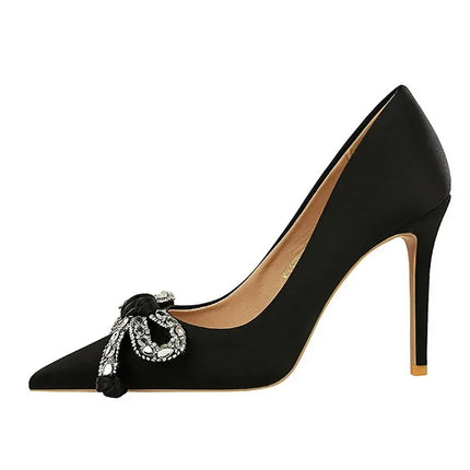 BIGTREE Street Style Lusso Fiocco con strass con punta a punta Tacco sottile Bicchiere da vino in seta Tacchi alti Décolleté da donna