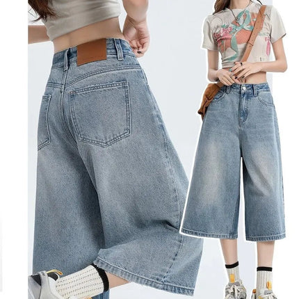Women's Vintage Wide Leg Denim Capri Pants Shorts Summer New Plus Size Tummy Control Loose Straight Leg Casual Streetwear PlatiNum