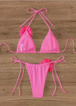 Bikini Sexy con Fiori 3D e Lacci Sulla Schiena, Costume da Bagno Femminile Due Pezzi, Set Bikini, Abbigliamento da Spiaggia, Taglie S-L PlatiNum