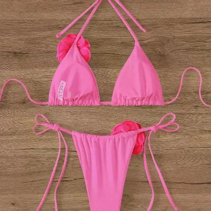 Bikini Sexy con Fiori 3D e Lacci Sulla Schiena, Costume da Bagno Femminile Due Pezzi, Set Bikini, Abbigliamento da Spiaggia, Taglie S-L PlatiNum