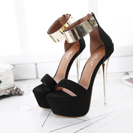 2026 Fashion Designer Metal Ankle Strap Women 16CM Heels Platform Sandals Shoes Female High Heels Sexy Party Dance Ladies Shoes PlatiNum