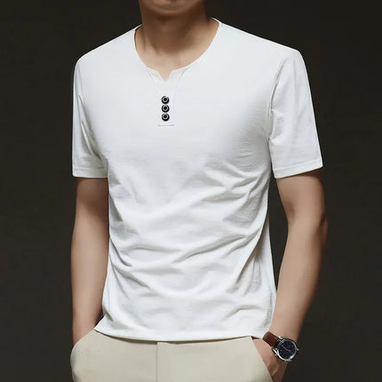 2025 New Men's Business Casual Three Button V-neck Short Sleeved T-shirt Korean Style Summer Comfortable Versatile Top PlatiNum