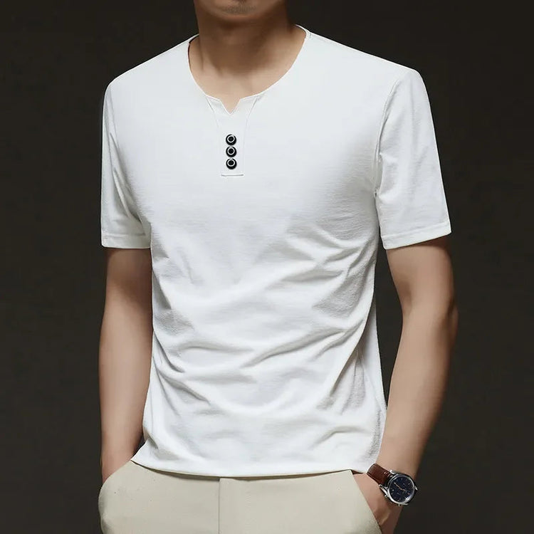 2025 New Men's Business Casual Three Button V-neck Short Sleeved T-shirt Korean Style Summer Comfortable Versatile Top PlatiNum