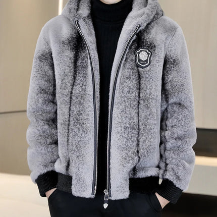 Autumn Winter Faux Fur Hooded Jacket Men Fashion Social Faux Mink Fur Casual Business Jacket Thick Warm Outdoor Windproof Coat