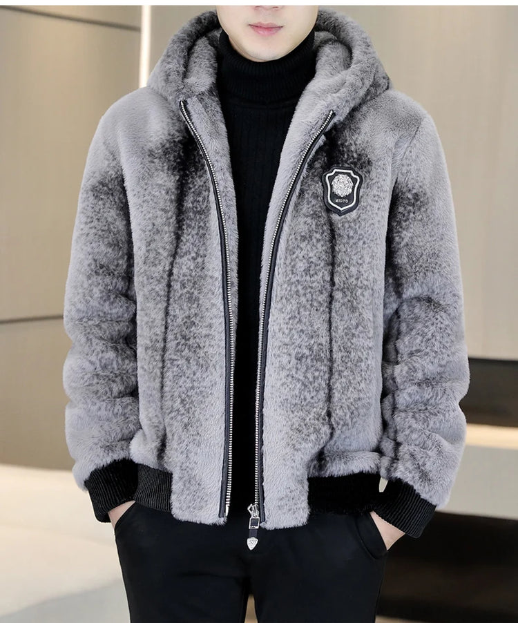 Autumn Winter Faux Fur Hooded Jacket Men Fashion Social Faux Mink Fur Casual Business Jacket Thick Warm Outdoor Windproof Coat