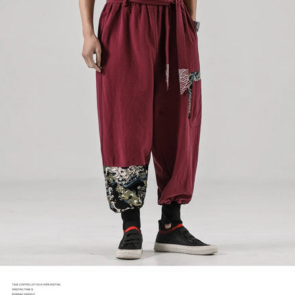 Pantaloni da uomo Costume da samurai giapponese Ukiyo-e Cintura con stampa Pantaloni stile harem da uomo in cotone e lino Pantaloni casual Harajuku da uomo Taglie forti 5XL