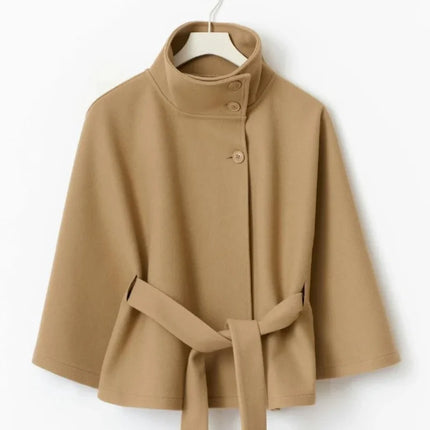 Stand Collar Lace Up blend fiber Coat Women's Fashion Long Batwing Sleeve Solid Single Breasted Cape Coat Autumn Winter Outfits