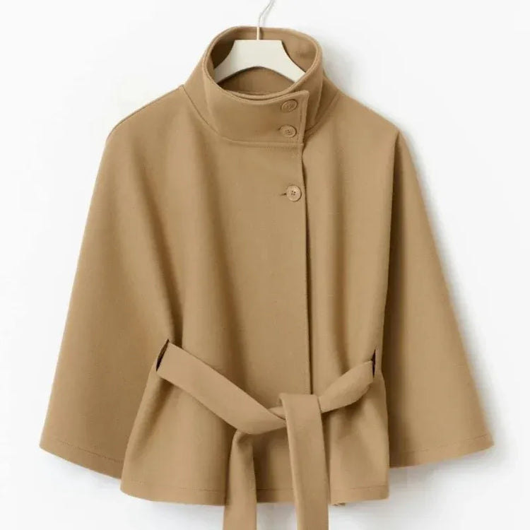 Stand Collar Lace Up blend fiber Coat Women's Fashion Long Batwing Sleeve Solid Single Breasted Cape Coat Autumn Winter Outfits