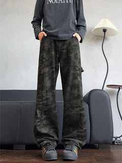 2026 Autumn Winter Mens Camouflage Flare Jeans American Dark Street Style Slim Fit Niche Design Casual Denim Long Pants