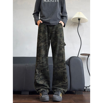 2026 Autumn Winter Mens Camouflage Flare Jeans American Dark Street Style Slim Fit Niche Design Casual Denim Long Pants