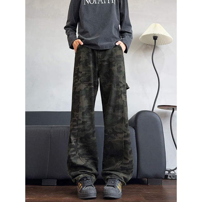 2026 Autumn Winter Mens Camouflage Flare Jeans American Dark Street Style Slim Fit Niche Design Casual Denim Long Pants