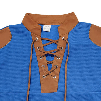 Cross-border new men's waffle color matching strap V-neck top casual long-sleeved bottoming T-shirt PlatiNum