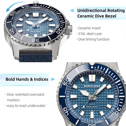 NORTH EDGE NEW Design ABYSS Solar Powered Dive Quartz Wristwatch 200M Waterproof Sports Diving Watch 316L Soft Strap Men Watches