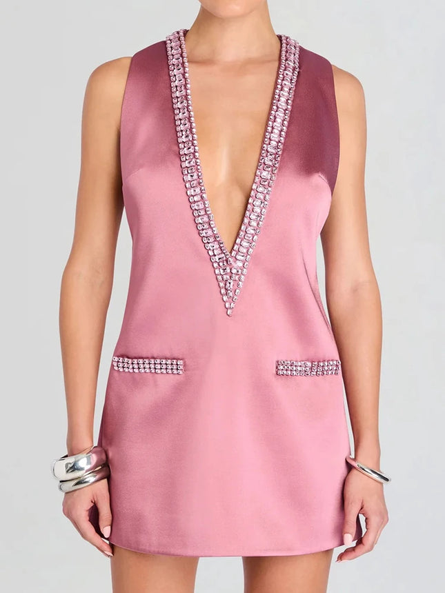 Women's Summer Dress with Deep V-Neck, Sexy Mini Party Dress, Elegant Sleeveless Dress