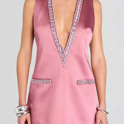 Women's Summer Dress with Deep V-Neck, Sexy Mini Party Dress, Elegant Sleeveless Patchwork Dress for Holidays