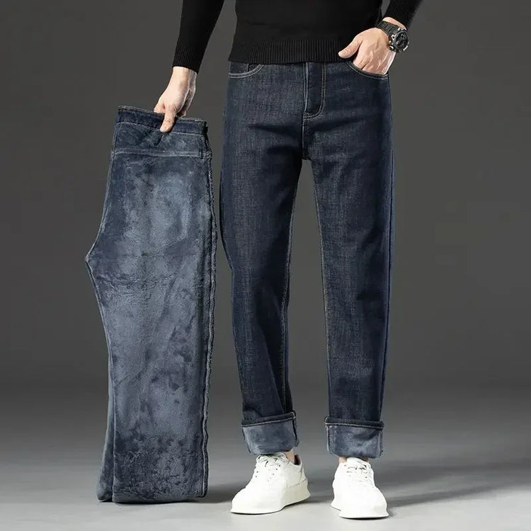 2026 Winter Thermal Stretch Jeans Men New Loose Straight Leg Casual Trousers Male Daily Commute Windproof Denim Pants