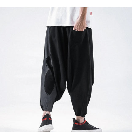 Pantaloni alla moda da uomo Samurai giapponese Ukiyo-e Cintura con stampa Pantaloni stile harem da uomo in cotone e lino Casual Oversize Harajuku Pantaloni a gamba larga da uomo