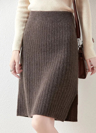 Autumn Winter Women Wool Skirt Elastic Waist Mini Slim Fit Cashmere Skirts 100% Merino Wool Knitted Office Lady Above Knee Dress PlatiNum