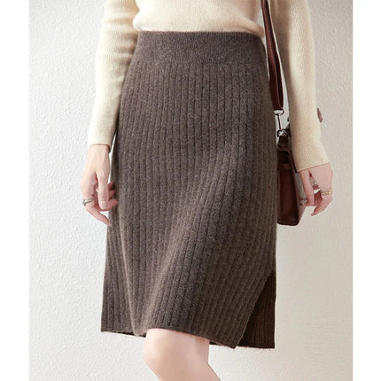 Autumn Winter Women Wool Skirt Elastic Waist Mini Slim Fit Cashmere Skirts 100% Merino Wool Knitted Office Lady Above Knee Dress PlatiNum