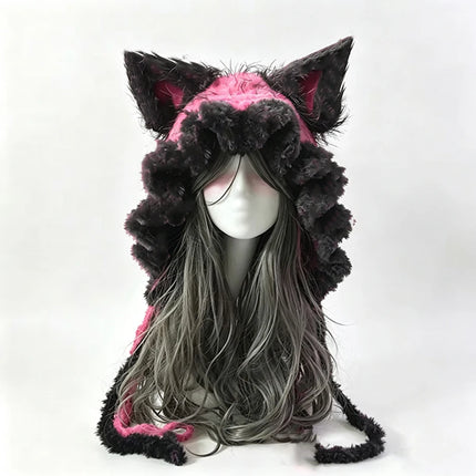 Custom Hand‑Crocheted Black Red Fox Ear Hood Women Soft Knitted Long Ties Beanie Gothic Unisex Dark Fairy Winter Warm Accessory