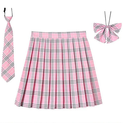Damen Plissierter Schottenrock mit Fliege XS-5XL Harajuku Preppy Japanische Schuluniformen Mini Rock Sommer Jupe Kawaii für Mädchen