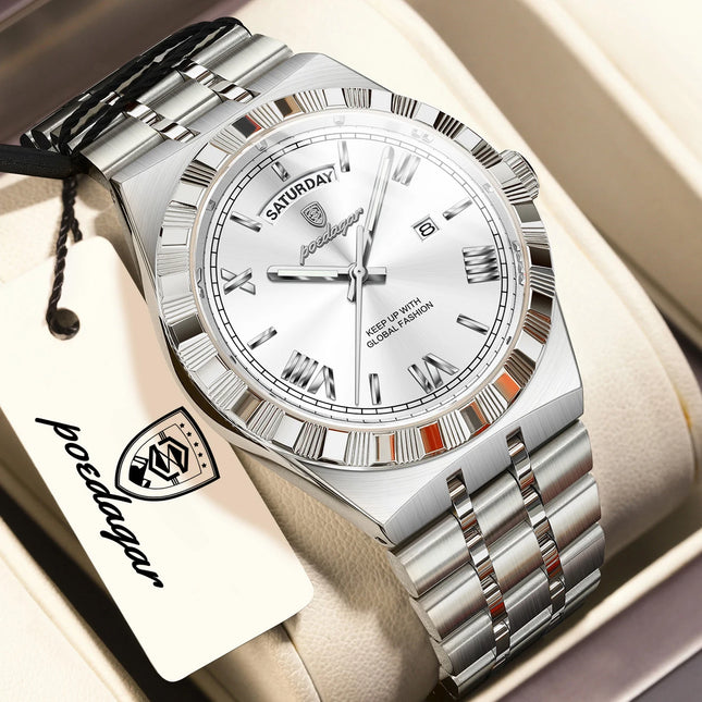 POEDAGAR Fashion Male Clock Luminous Waterproof Week Date Creative Men Watch Stainless Steel Quartz Business Men's Watches Reloj