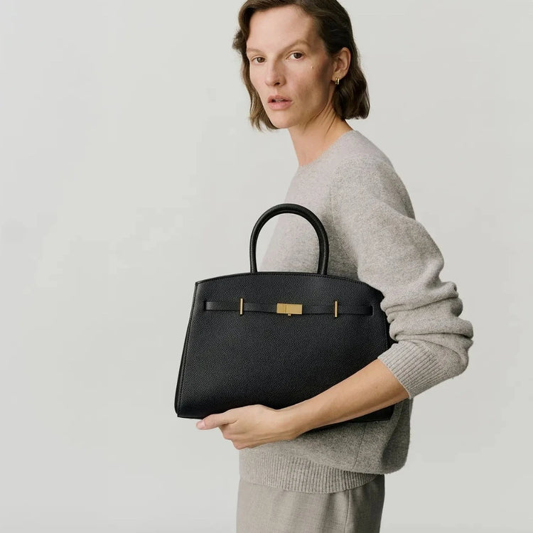 Borsa a mano di lusso in pelle martellata con chiusura in metallo, manico rigido, borsa professionale per affari e cerimonie
