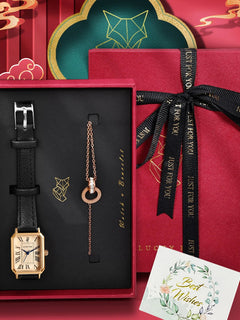 LUCKY FOX 2 pezzi confezione regalo di lusso leggera set braccialetto orologio orologio al quarzo quadrato da donna semplice e alla moda regalo del festival Reloj