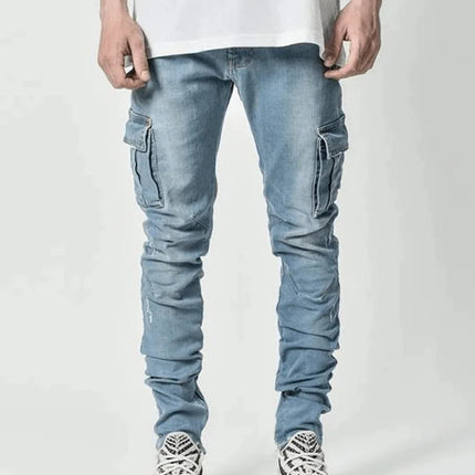2025 New Men Street Elastic Denim Brand Jeans Narrow Legs Multi Pockets Cargo Pants Casual Slim Fit Daily Wear Joggers Mid Waist PlatiNum
