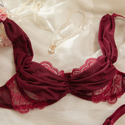 Toucheart Erotic Lingerie New Burgundy Embroidered Underwear Set Sexy Deep V Push-up Hot Bra Hollow See-through Panties Forwomen