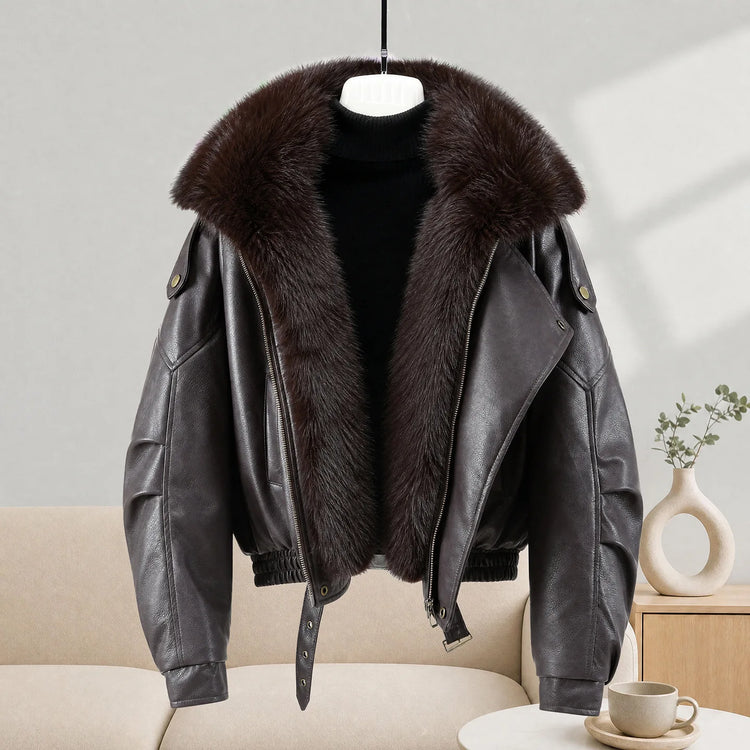 New Parkas Women Leather Jacket Big Fur Collar Tooling Cotton Jacket 2026 Winter Thicke Warm Cotton Padded Coat Female Outerwear