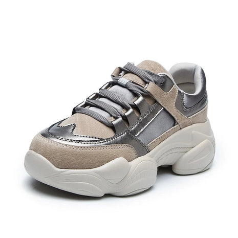 WOIZGIC Women's Female Ladies Genuine Leather Shoes Platform Lace Up Korean Sports Spring Autumn Breathable Vulcanized Shoes PlatiNum