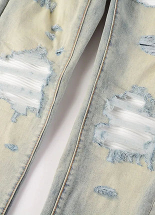 Designer High Street Fashion New Light Blue Men's Jeans Stretch Slimming White Leather Patch Hip Hop Brand Pants HombreY2K PlatiNum