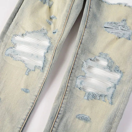 Designer High Street Fashion New Light Blue Men's Jeans Stretch Slimming White Leather Patch Hip Hop Brand Pants HombreY2K PlatiNum