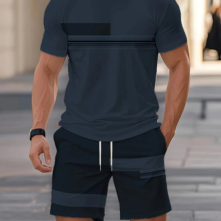 2026 Summer New Arrival Men's Casual Two-piece Set 2026 Striped Print Short Sleeve Shirt and Sports Shorts Men's Fitness Set