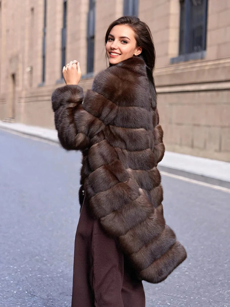 ZADORIN Luxury Winter Mink Coat Woman Stand Collar Long Brown Faux Fur Coat Woman Chic Warm Fluffy Jacket Fur Faux Coats Jackets