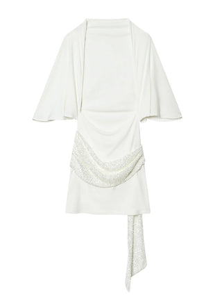 HH 2026 Abito Corto Elegante da Donna Bianco con Maniche Corte, Schiena Scoperta e Decorazioni in Paillettes, Mini Abito Sexy alla Moda per Feste platinumshop