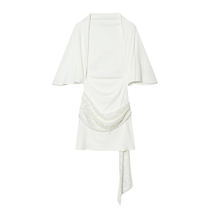 HH 2026 Abito Corto Elegante da Donna Bianco con Maniche Corte, Schiena Scoperta e Decorazioni in Paillettes, Mini Abito Sexy alla Moda per Feste platinumshop