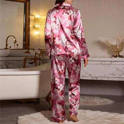 Pigiama da donna con stampa floreale color block, maniche lunghe e pantaloni in raso per un sonno confortevole, morbido pigiama e pigiama da notte