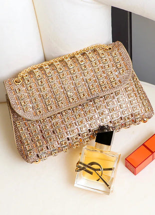 Fashionable Retro Diamond Studded Gold Chain Women's Crossbody Bag Handbag Dinner Bag Underarm Bag Single Shoulder Bag PlatiNum