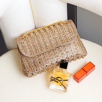 Fashionable Retro Diamond Studded Gold Chain Women's Crossbody Bag Handbag Dinner Bag Underarm Bag Single Shoulder Bag PlatiNum